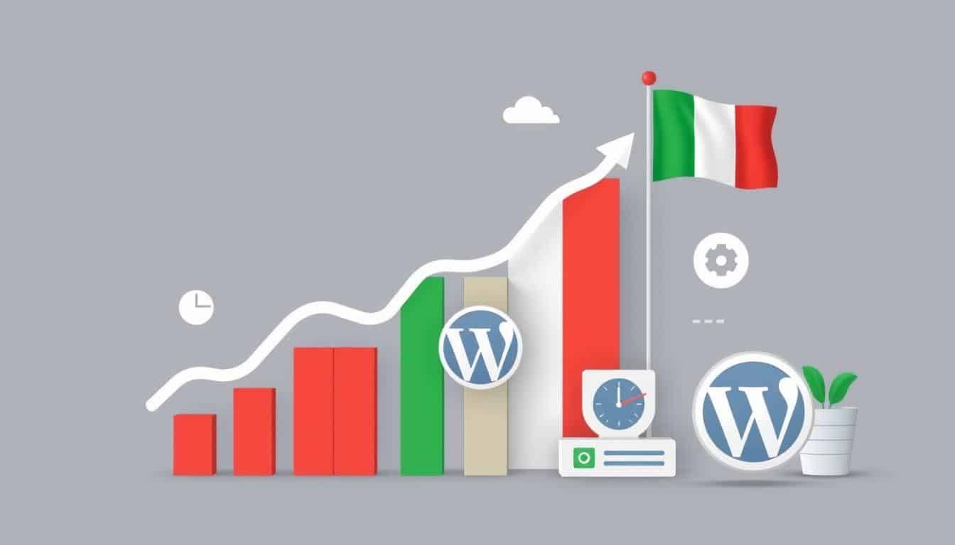 Sito WordPress multilingue ottimizzato per la SEO italiana con bandiera italiana e simboli di successo